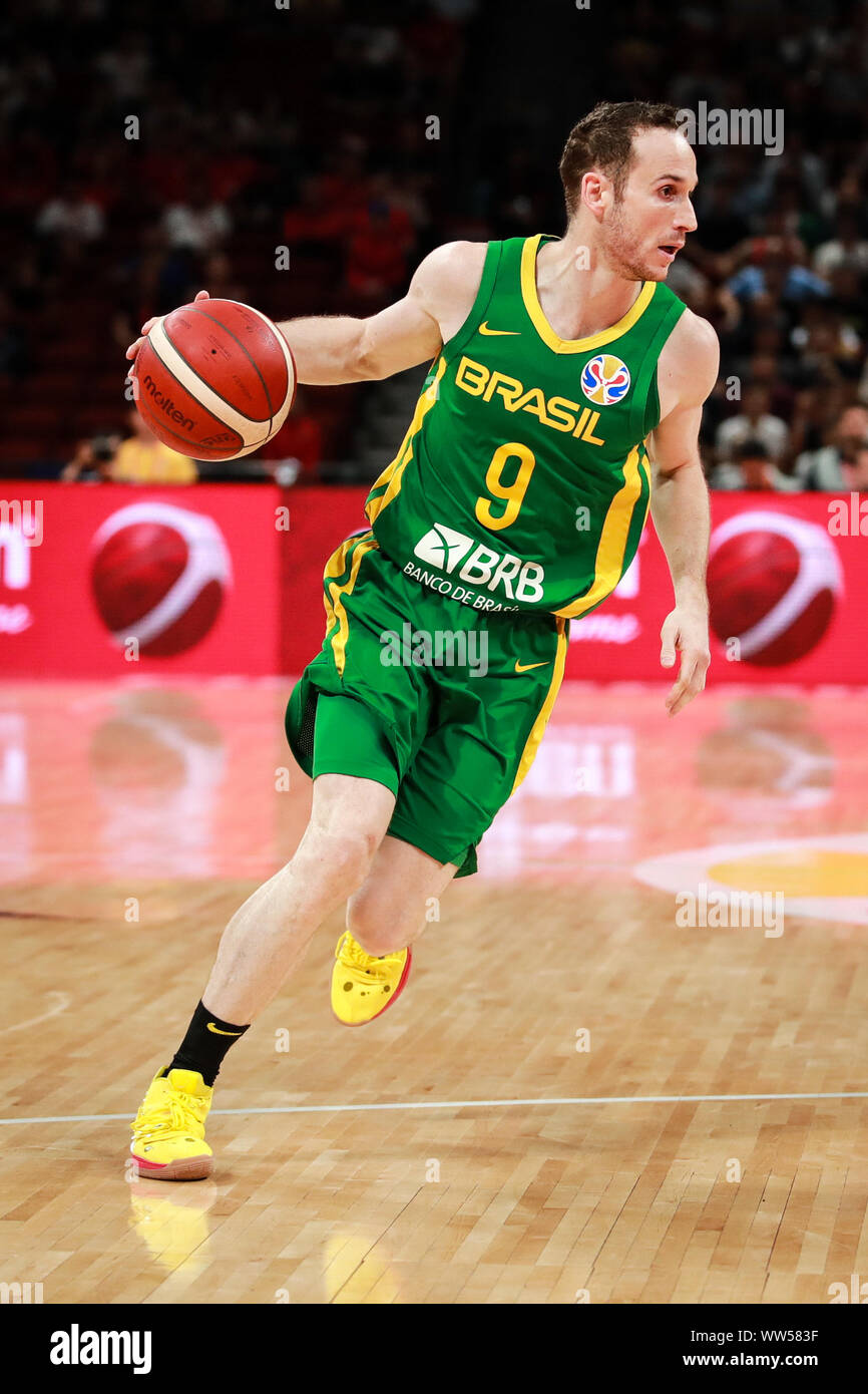 Brazilian-Italian professional basketball player Marcelo Huertas runs the ball at the second round of Group K America vs Brazil 2019 FIBA Basketball World Cup in Shenzhen city, south China's Guangdong province, 9 September 2019. Stock Photo