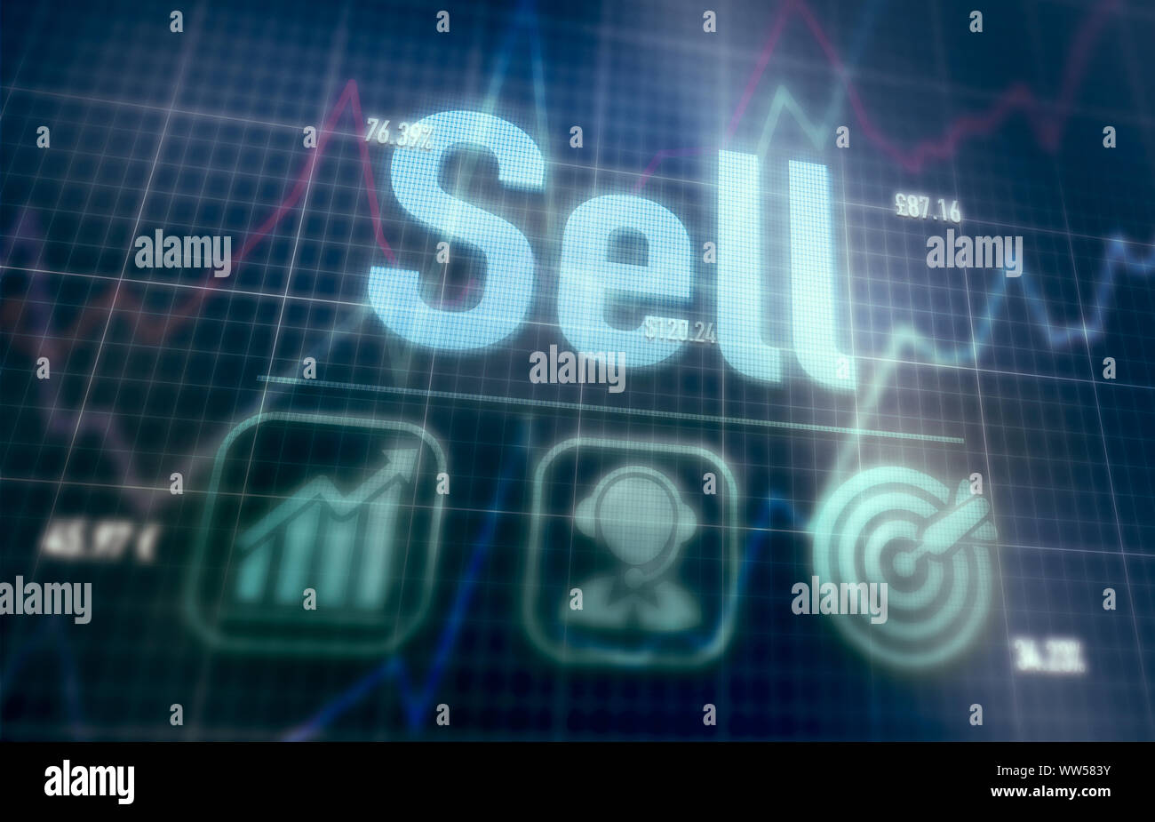 Sell concept on a blue dot matrix computer display. Stock Photo