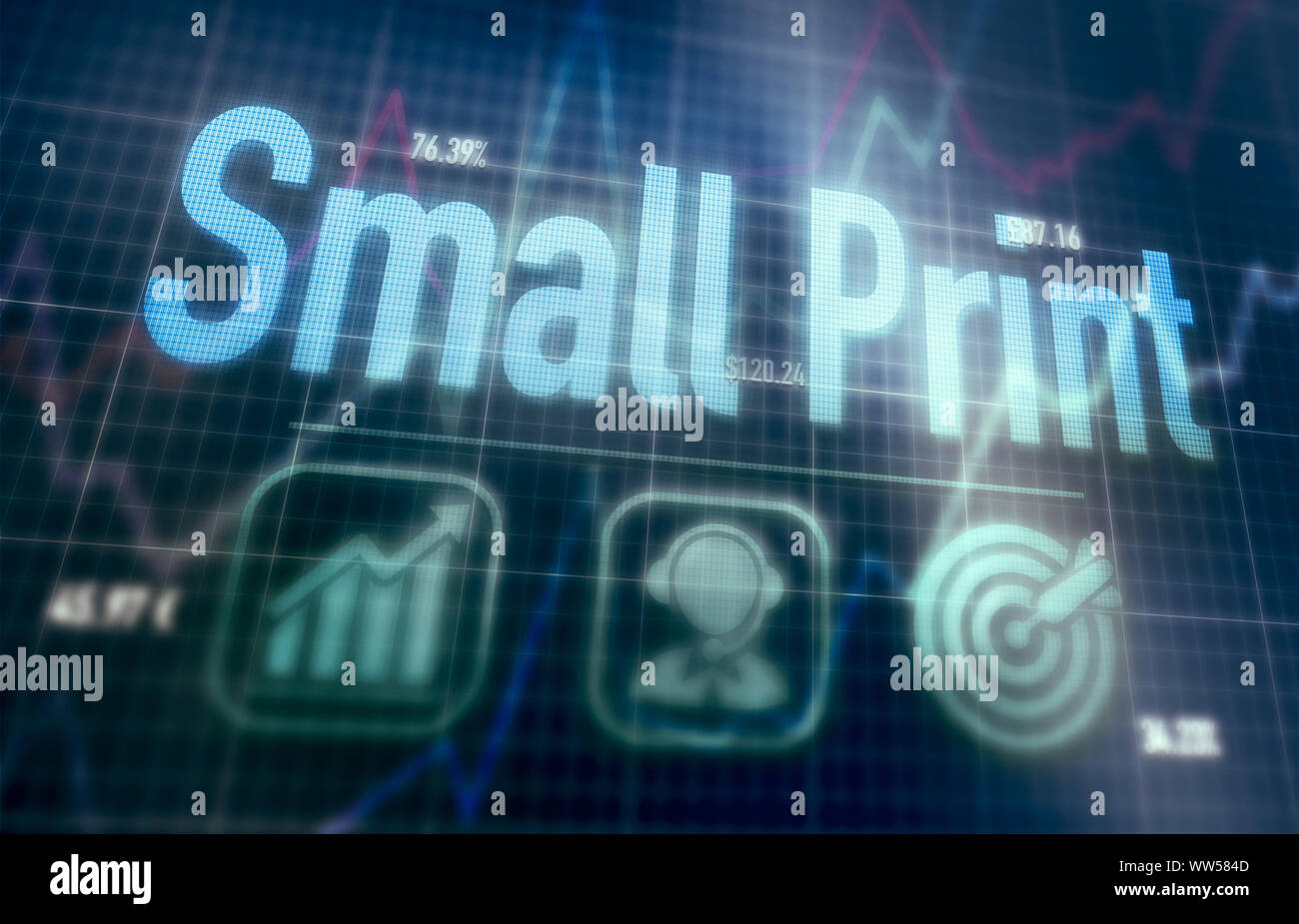 Small Print concept on a blue dot matrix computer display. Stock Photo