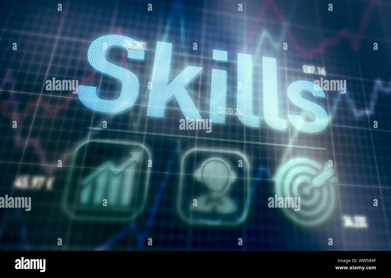 Skills concept on a blue dot matrix computer display. Stock Photo