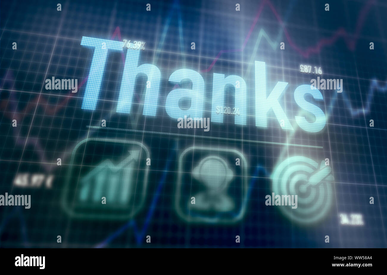 Thanks concept on a blue dot matrix computer display. Stock Photo