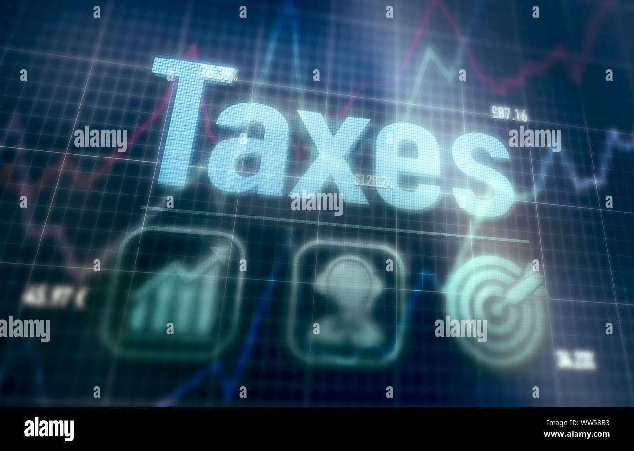 Taxes concept on a blue dot matrix computer display. Stock Photo