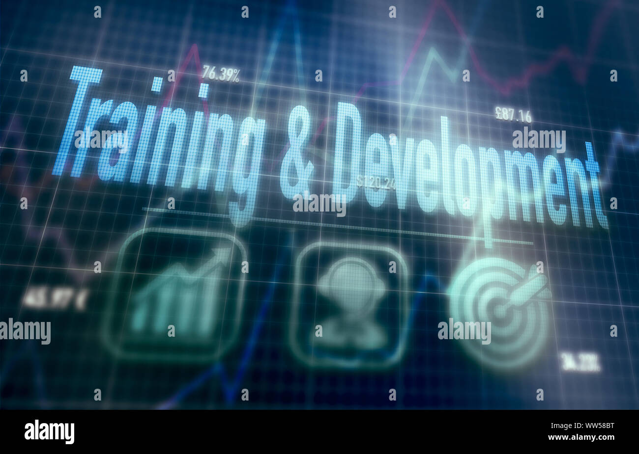Training and Development concept on a blue dot matrix computer display. Stock Photo