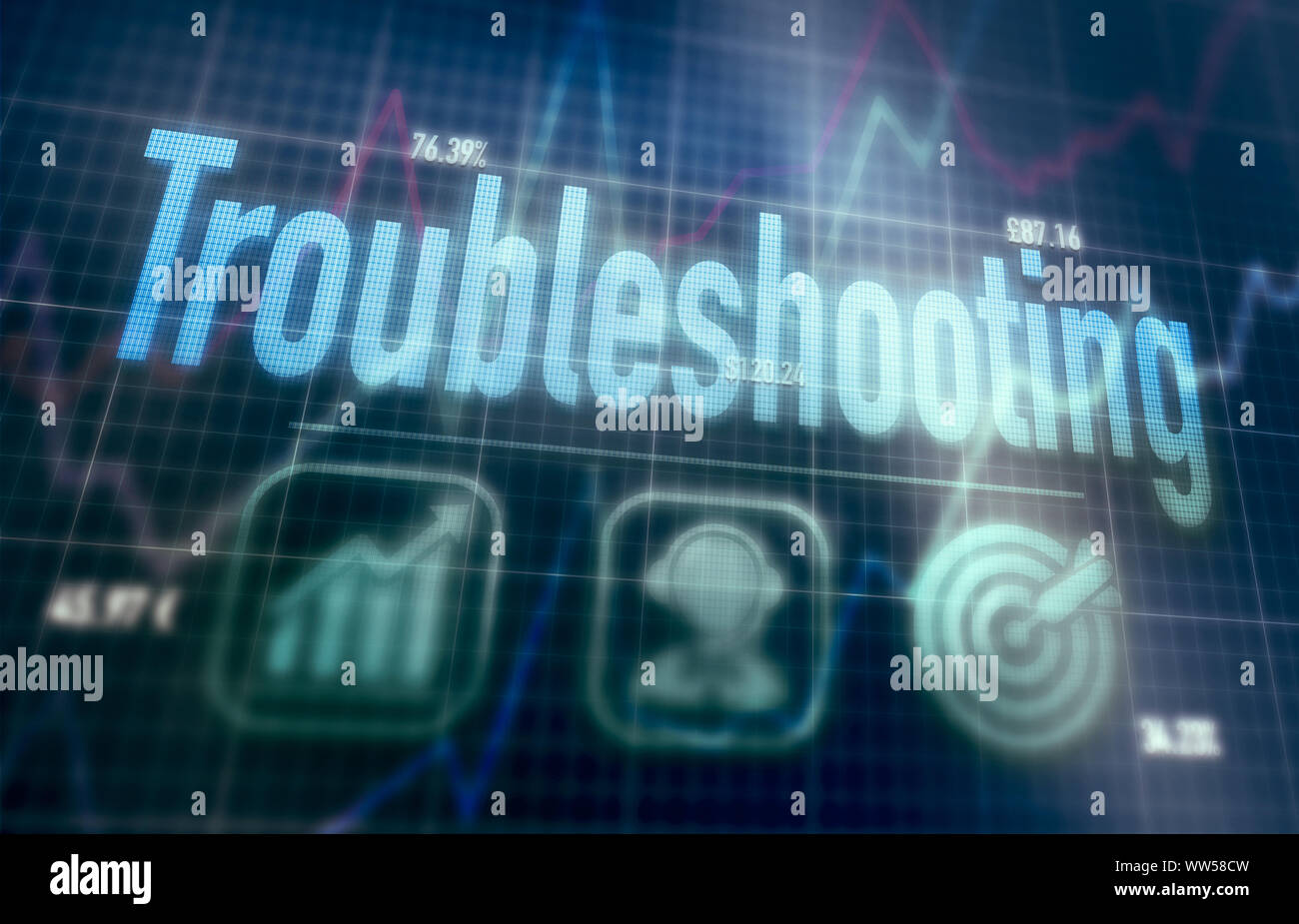 Troubleshooting concept on a blue dot matrix computer display. Stock Photo