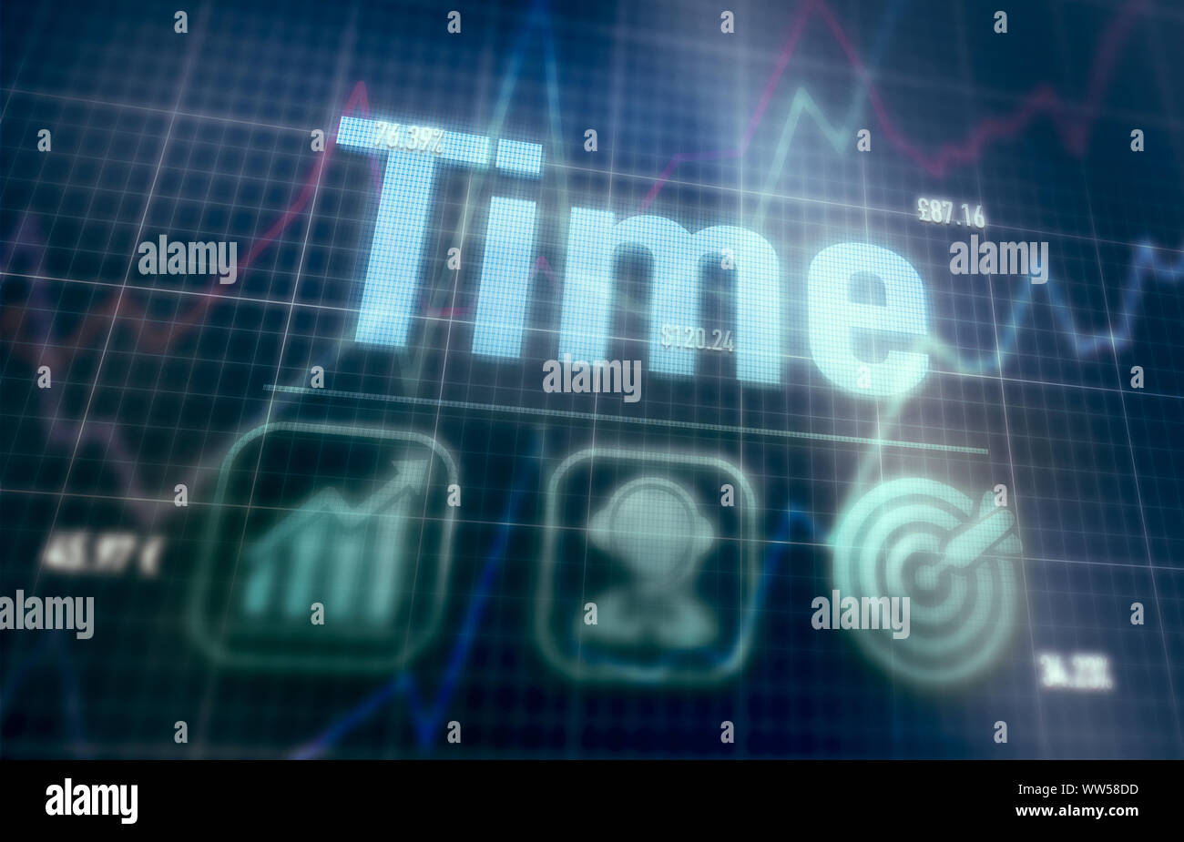Time concept on a blue dot matrix computer display. Stock Photo