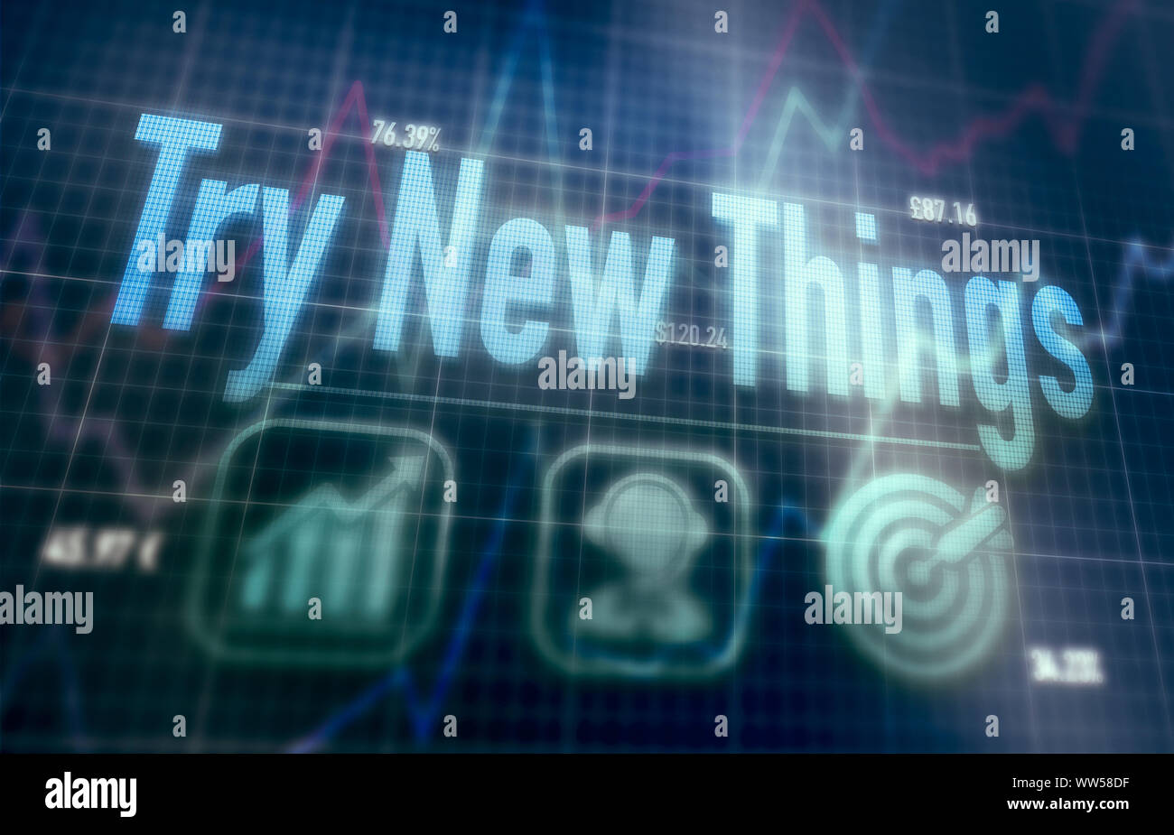 Try New Things concept on a blue dot matrix computer display. Stock Photo