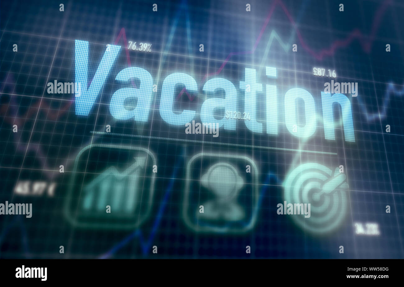 Vacation concept on a blue dot matrix computer display. Stock Photo