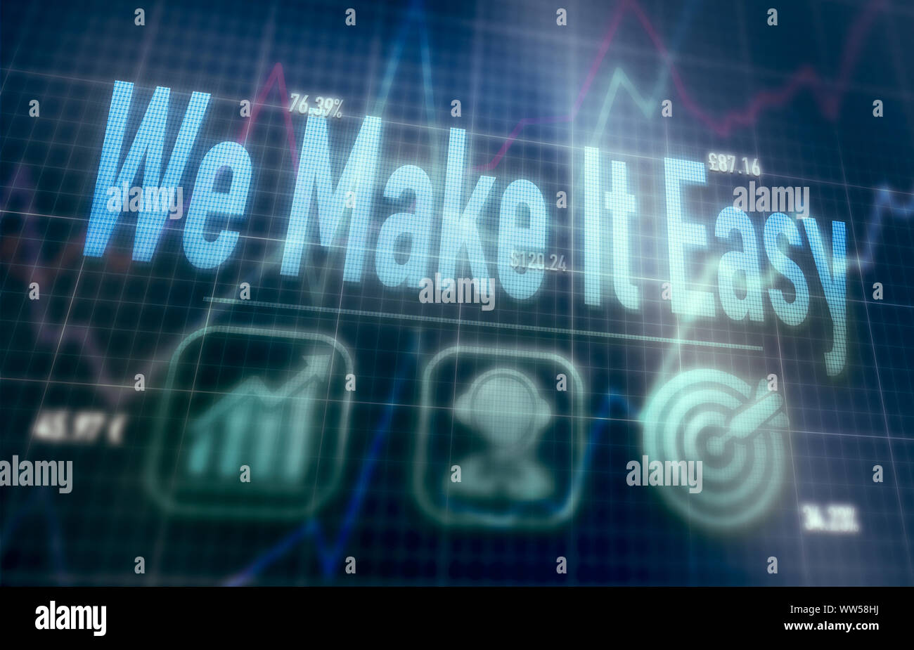 We Make It Easy concept on a blue dot matrix computer display. Stock Photo