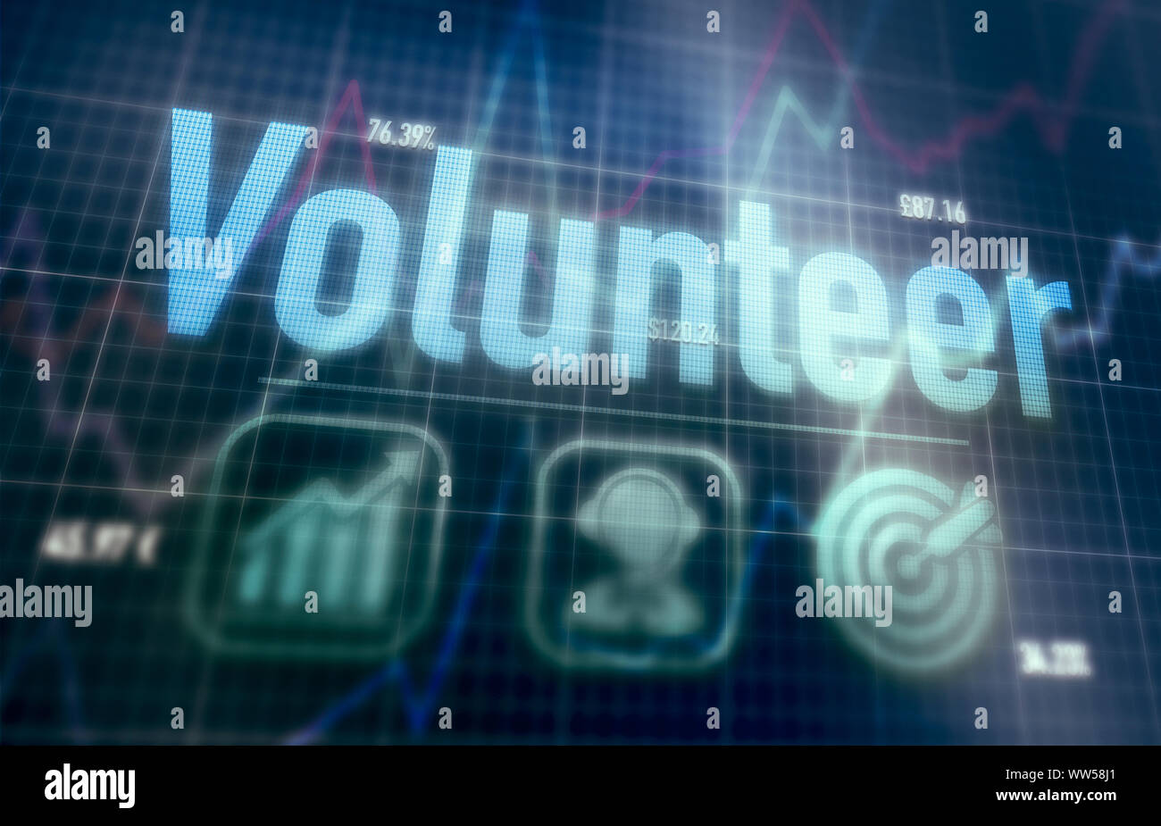 Volunteer concept on a blue dot matrix computer display. Stock Photo