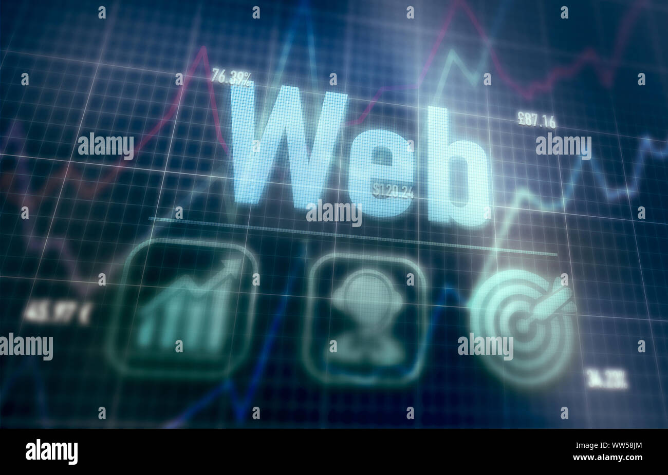 Web concept on a blue dot matrix computer display. Stock Photo