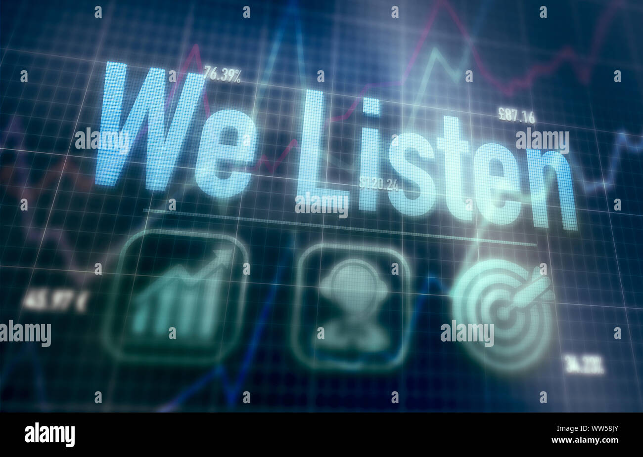 We Listen concept on a blue dot matrix computer display. Stock Photo