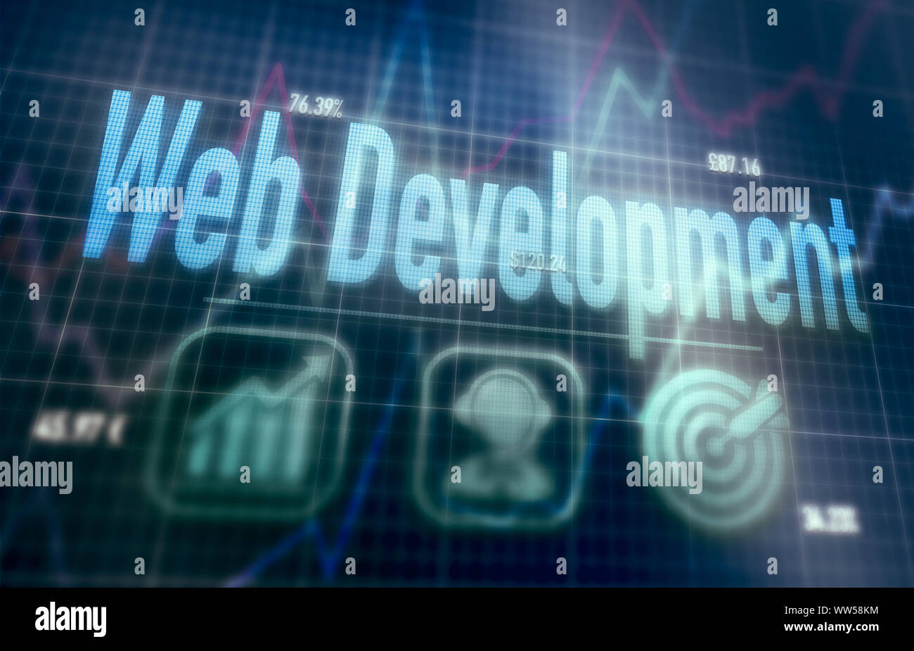 Web Development concept on a blue dot matrix computer display. Stock Photo