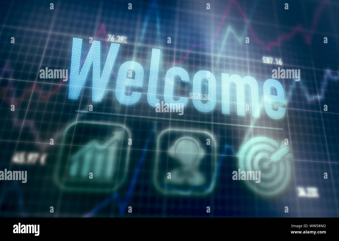 Welcome concept on a blue dot matrix computer display. Stock Photo