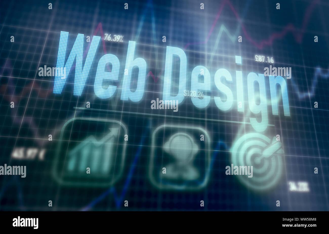 Web Design concept on a blue dot matrix computer display. Stock Photo