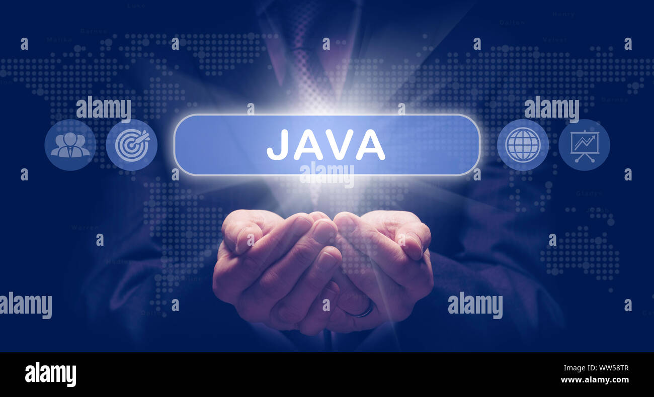 Businessmans cupped hands holding a Java business concept on a computerised display. Stock Photo