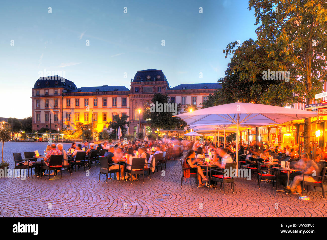 Market square with Darmstadt castle, today part of the University of Technology of Darmstadt, TU Darmstadt, at dusk, Darmstadt, Hesse, Germany, Europe Stock Photo