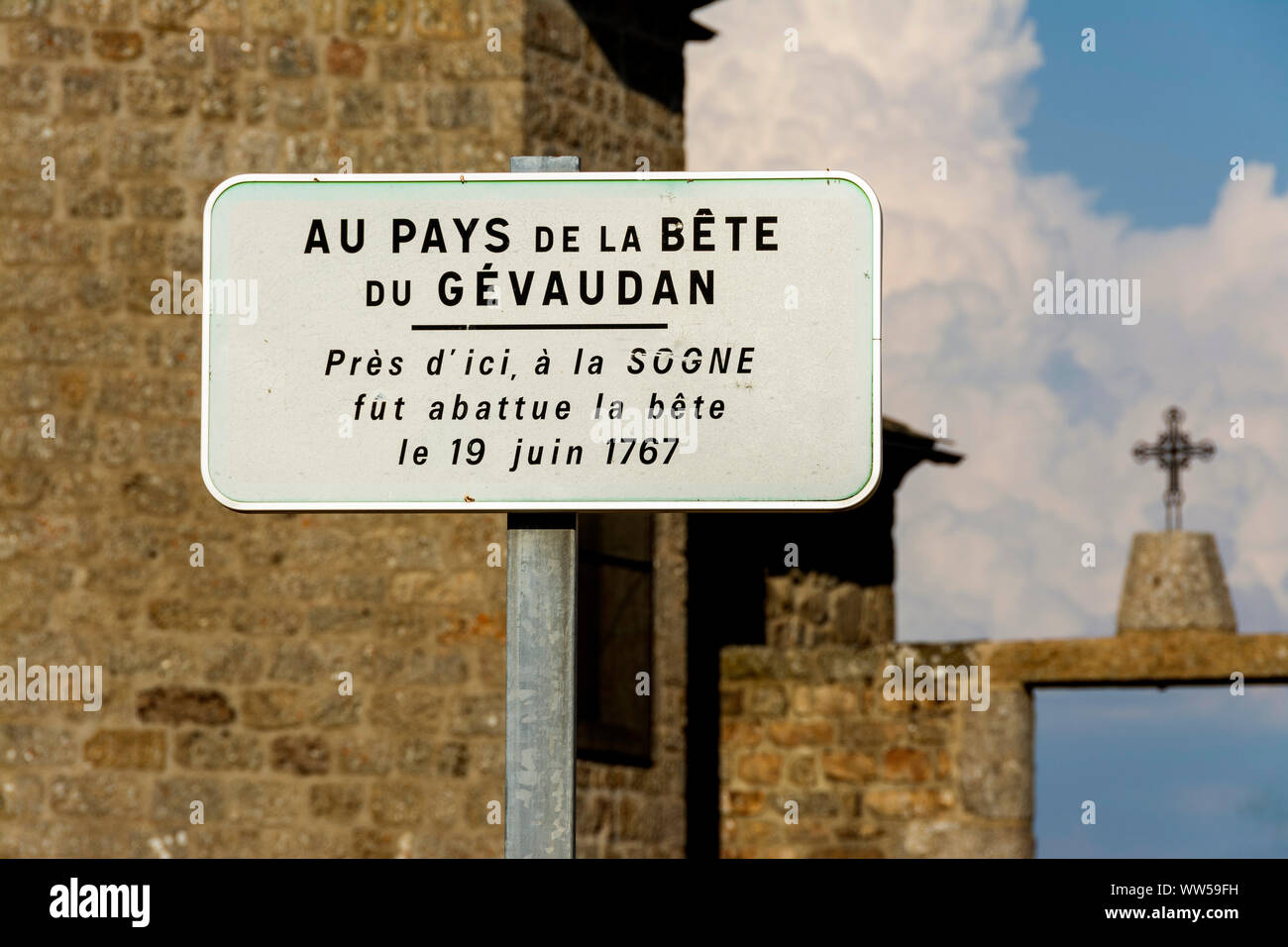 Auvers village, signs indicating the region of the beast of Gevaudan,  Haute-Loire department, Auvergne-Rhone-Alpes, France, Europe Stock Photo