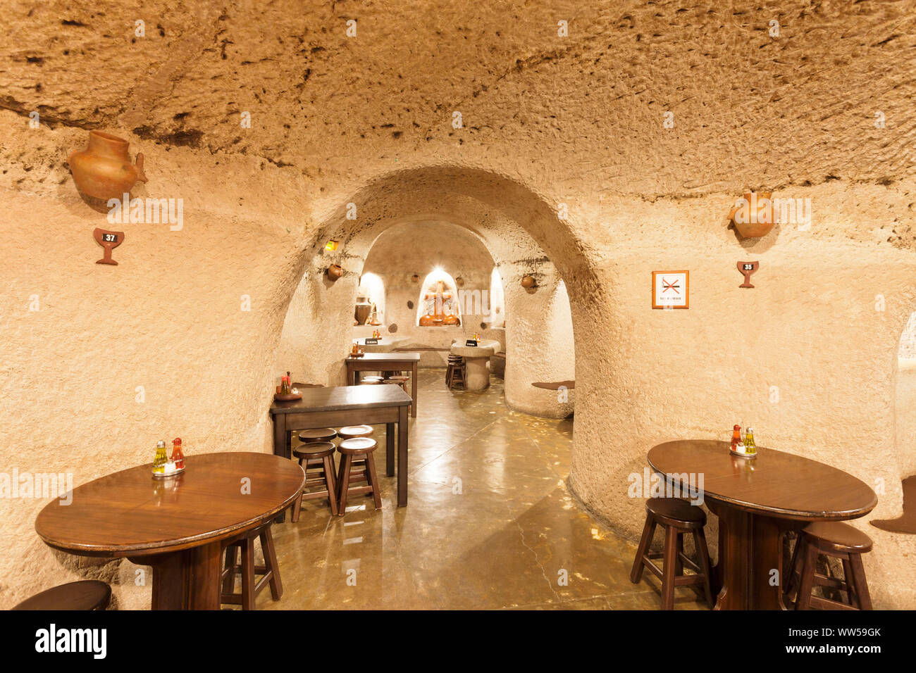 Cavernous interiors of the restaurant Tagoror, Barranco de Guayadeque, Gran Canaria, Canary Islands, Spain Stock Photo
