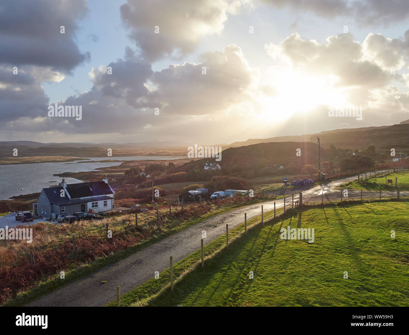 Views across Colbost and Loch Dunvegan at sunrise on the Isle of Skye