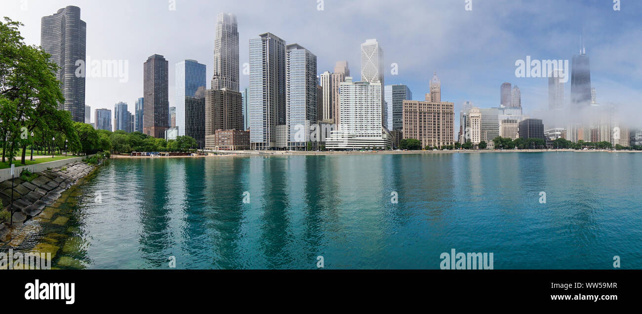 City skyline in the fog, Chicago, Illinois, United States Stock Photo