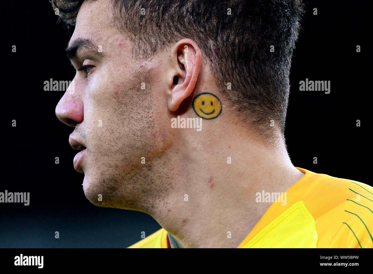 Manchester City goalkeeper Ederson has a smiley face emoji tattoo on his  neck during the Premier League match at St Marys Stadium Southampton  Stock Photo  Alamy