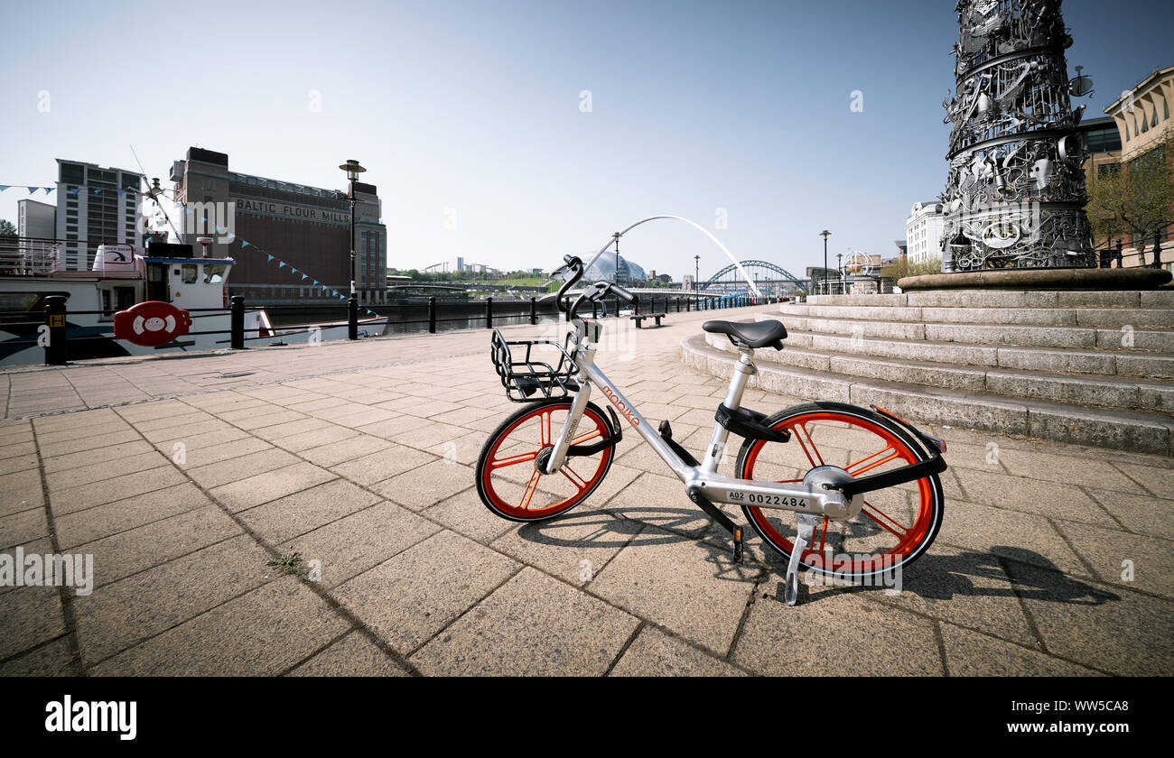 NEWCASTLE UPON TYNE, ENGLAND, UK MAY 08, 2018 A Mobike rent a bike