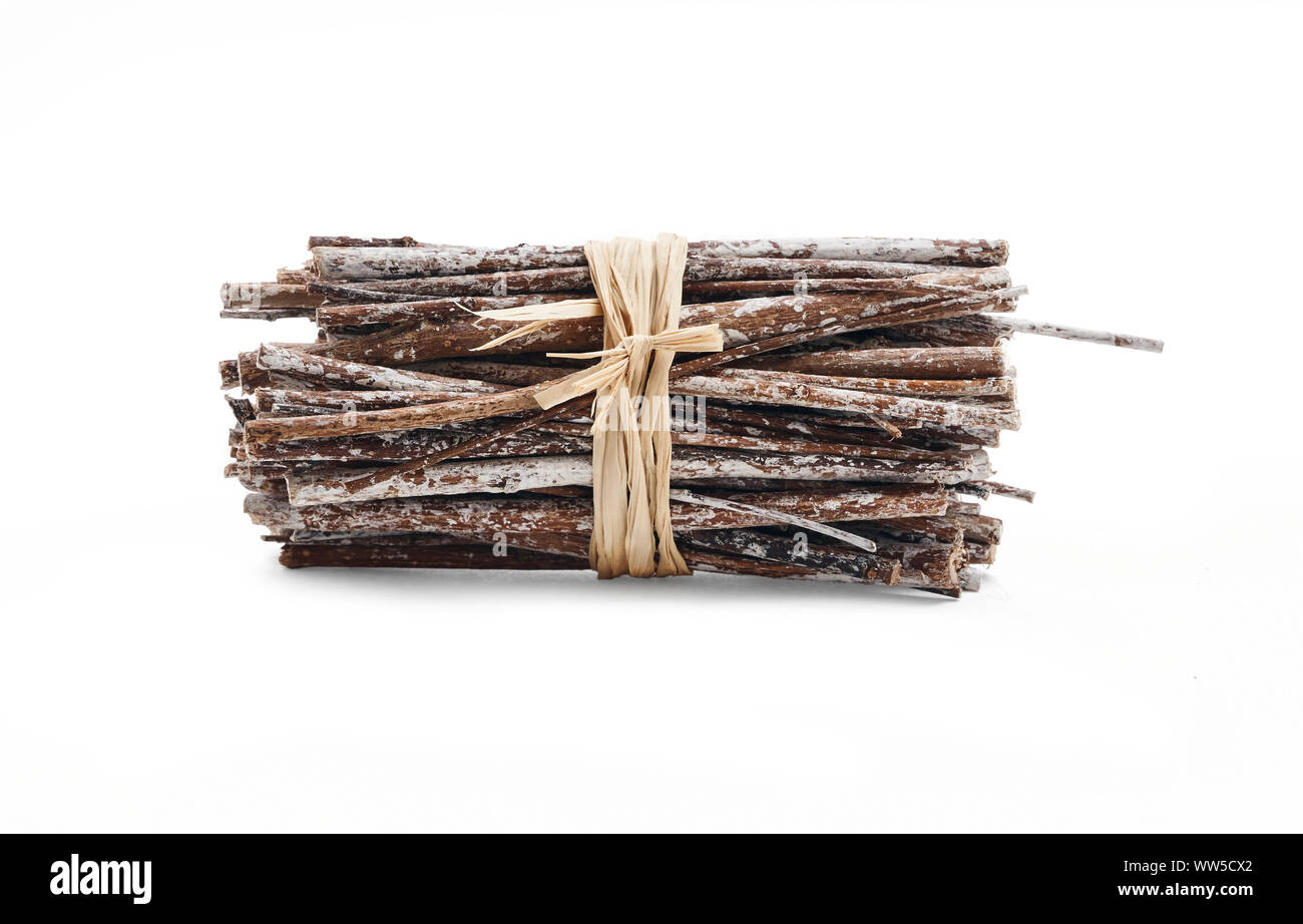 Side view of dry twigs tied in a bundle with natural twine isolated on