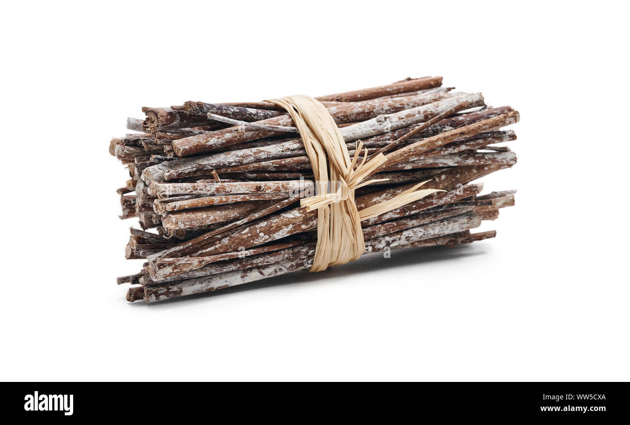 Side view of dry twigs tied in a bundle with natural twine isolated on