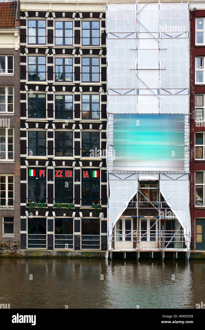 aussen facade of an Italian pizzeria on the shore of waters, Stock Photo