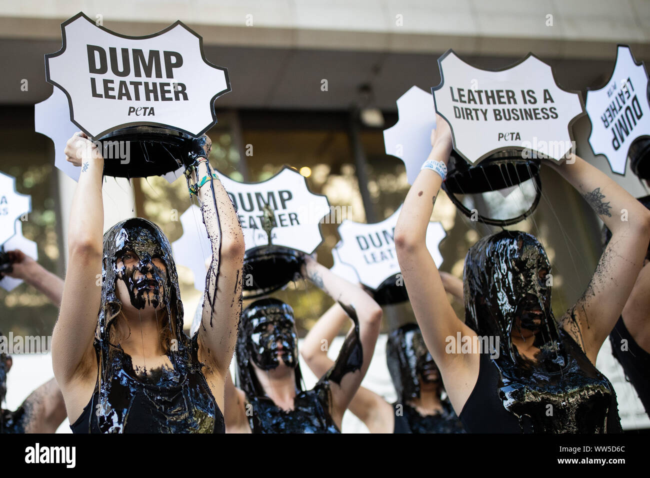 Activists from PETA stage a demonstration outside the Spring/Summer2020 London Fashion Week at BFC Show Space Show, The Strand, London. Stock Photo