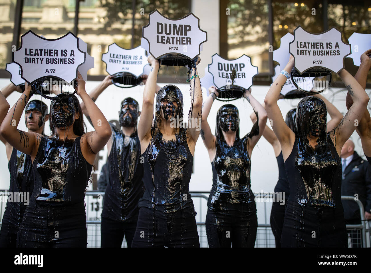 Activists from PETA stage a demonstration outside the Spring/Summer2020 London Fashion Week at BFC Show Space Show, The Strand, London. Stock Photo