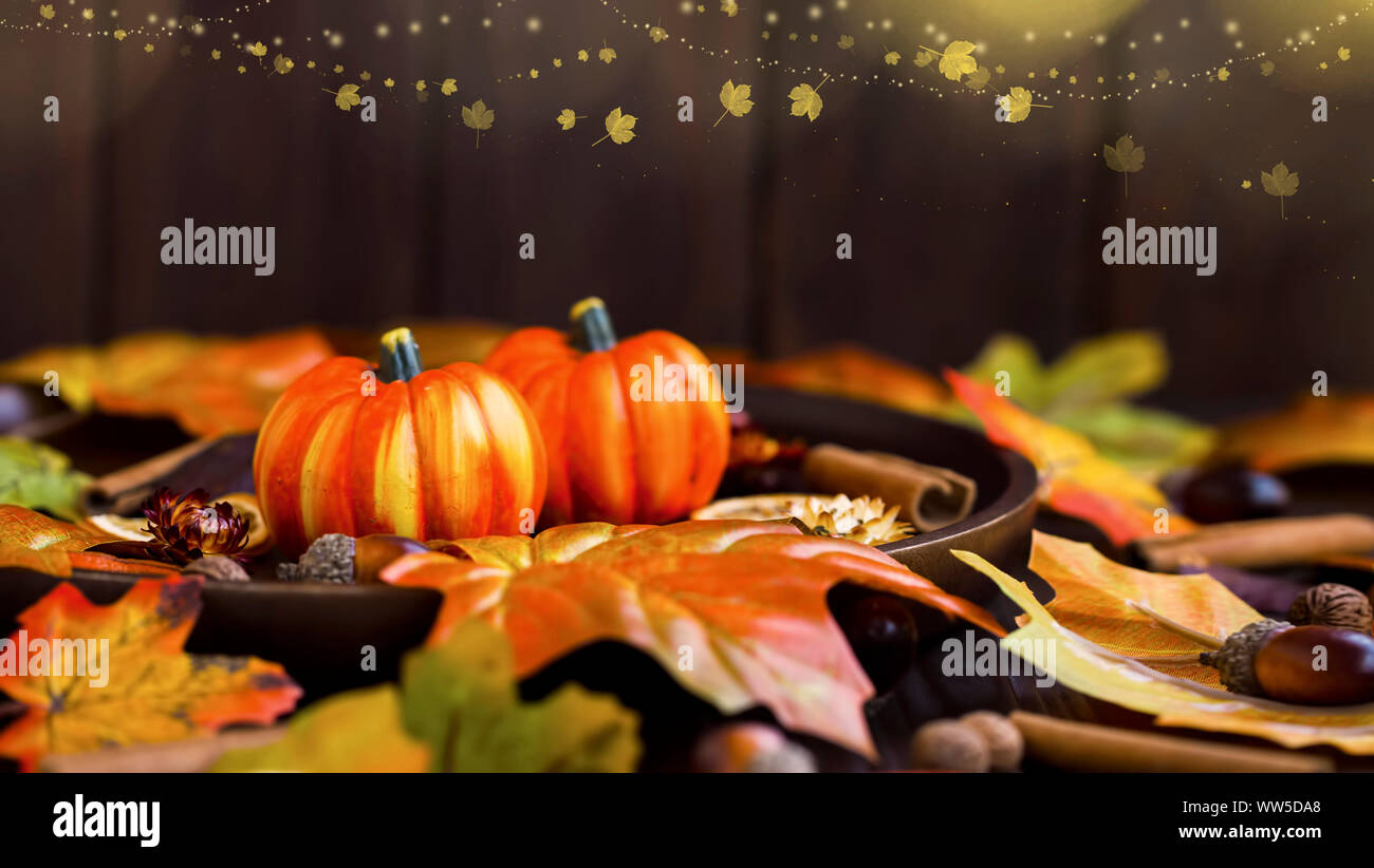 Autumn Festive Pumpkins Decorations With Dried Leaves Indoor Fall