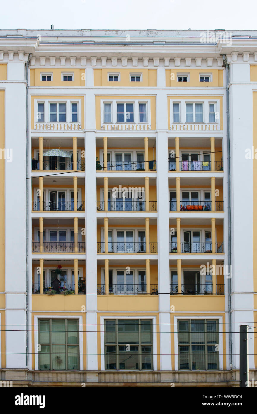 Facade of an old, new renovated building with nostalgic balconies, Stock Photo