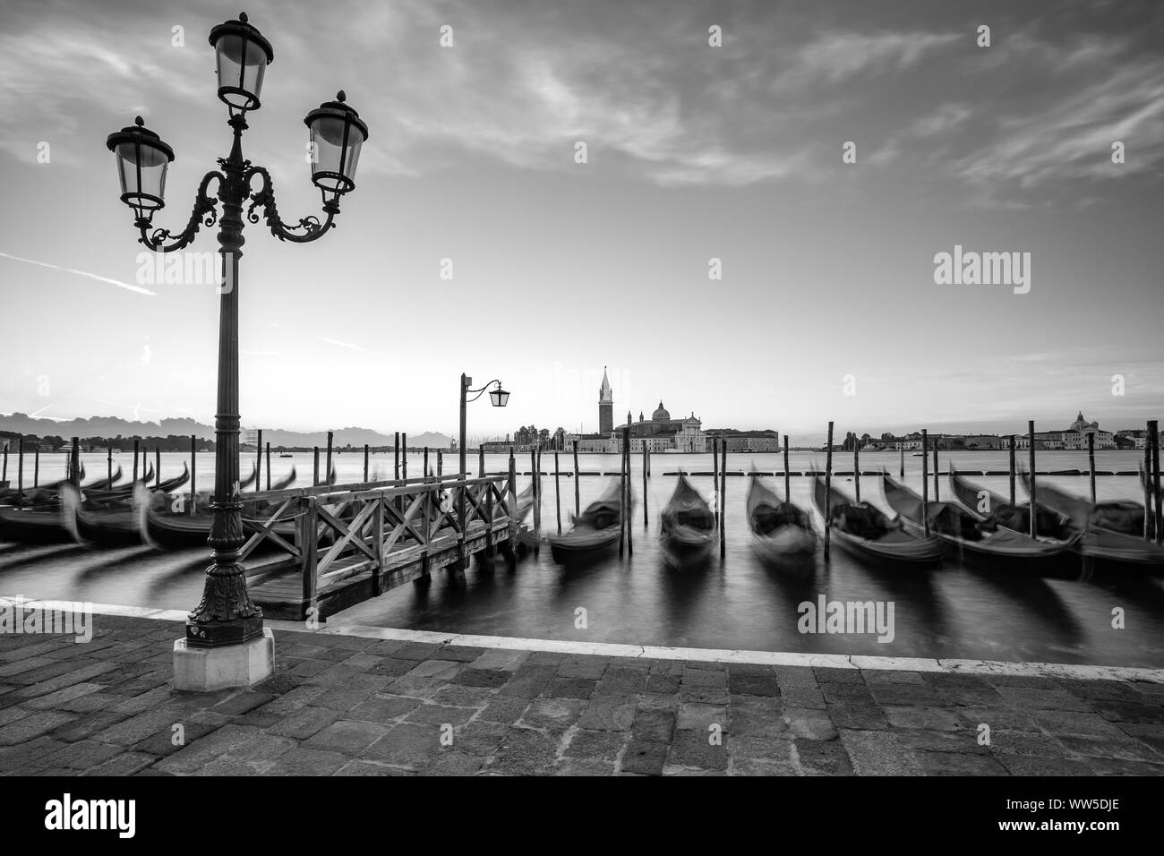 Black and White image of gondolas and the Grand Canal Venice Italy Stock Photo