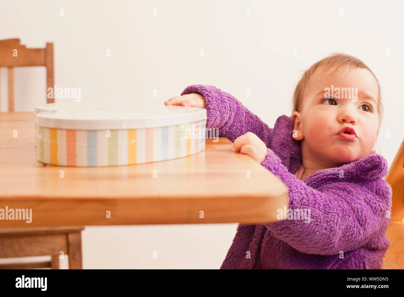 1-3 years old girl with purple wool jacket standing at the table with present Stock Photo