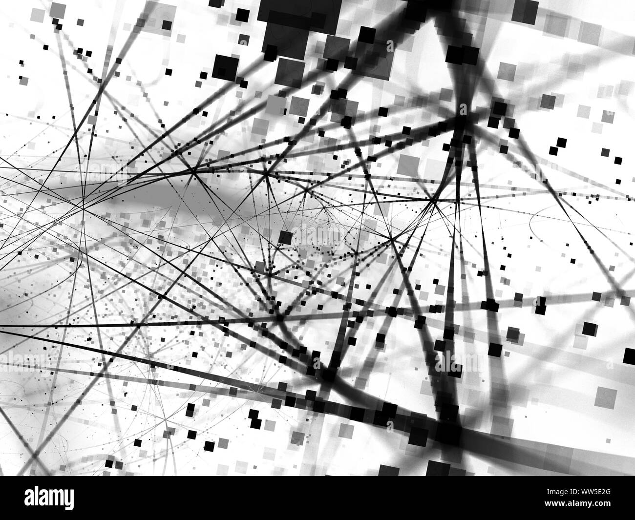 Connection lines with particles black and white negative overlay, new technology, big data, computer generated abstract background Stock Photo
