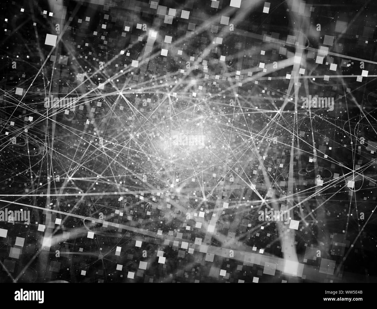 Glowing connections in space with particles, big data, computer generated abstract background, black and white Stock Photo