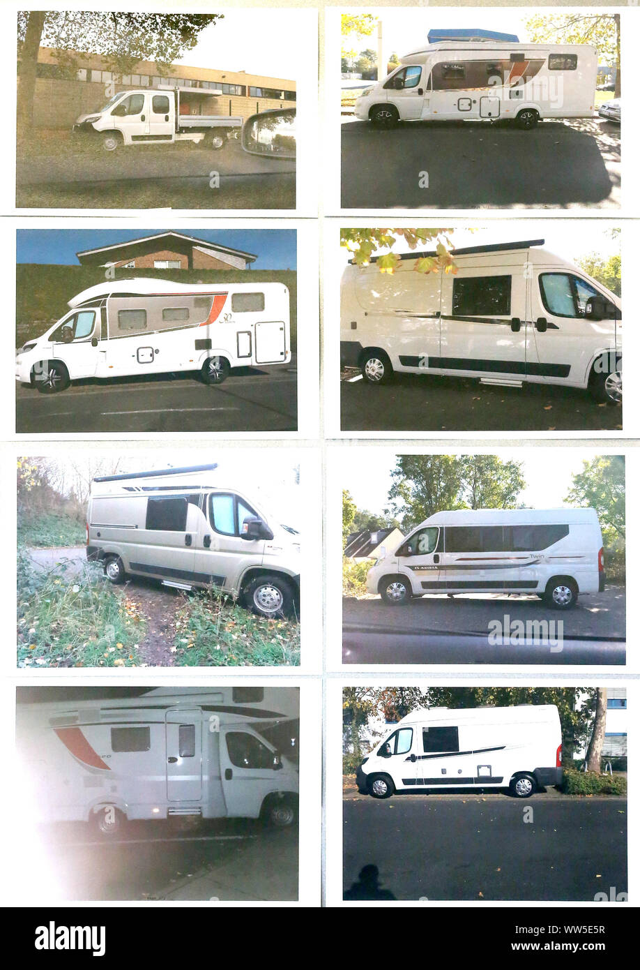 Krefeld, Germany. 13th Sep, 2019. The police photo shows a selection of stolen motorhomes stolen by a gang. During a press conference, the Krefeld criminal police presented the successes of the 'EK California' investigation. The investigation commission (EK) investigated cases of motorhome and car thefts. Suspects are said to have stolen numerous motorhomes and other high-quality vehicles at more than 20 locations in NRW. Credit: Roland Weihrauch/dpa/Alamy Live News Stock Photo