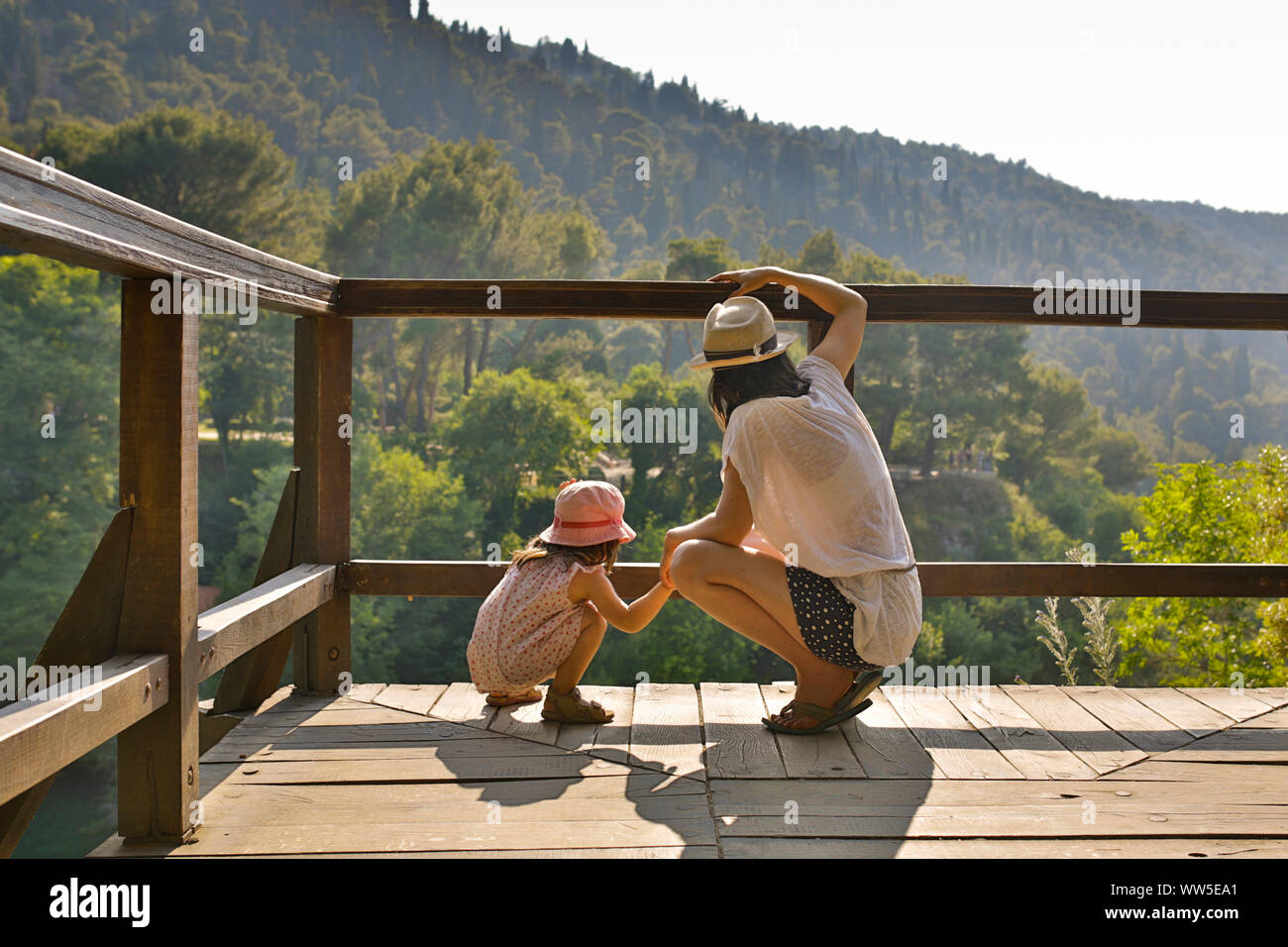 30-40 years old mother with 4-6 years old girl years on viewing platform at Krka waterfall Stock Photo