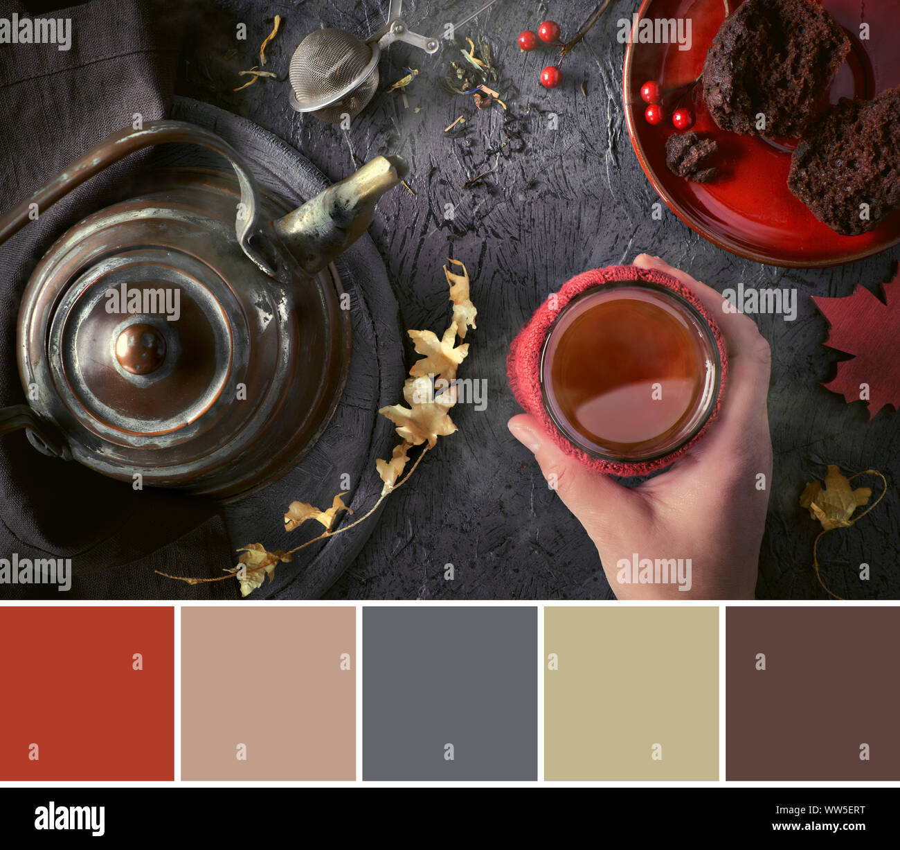 Color matching palette from top view of hot tea and kettle on cold ...