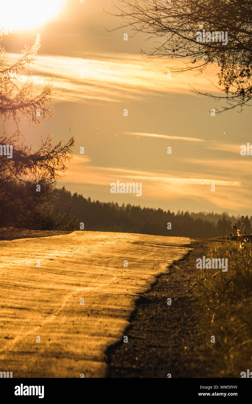 A road to nowhere in summer at sundown, Stock Photo