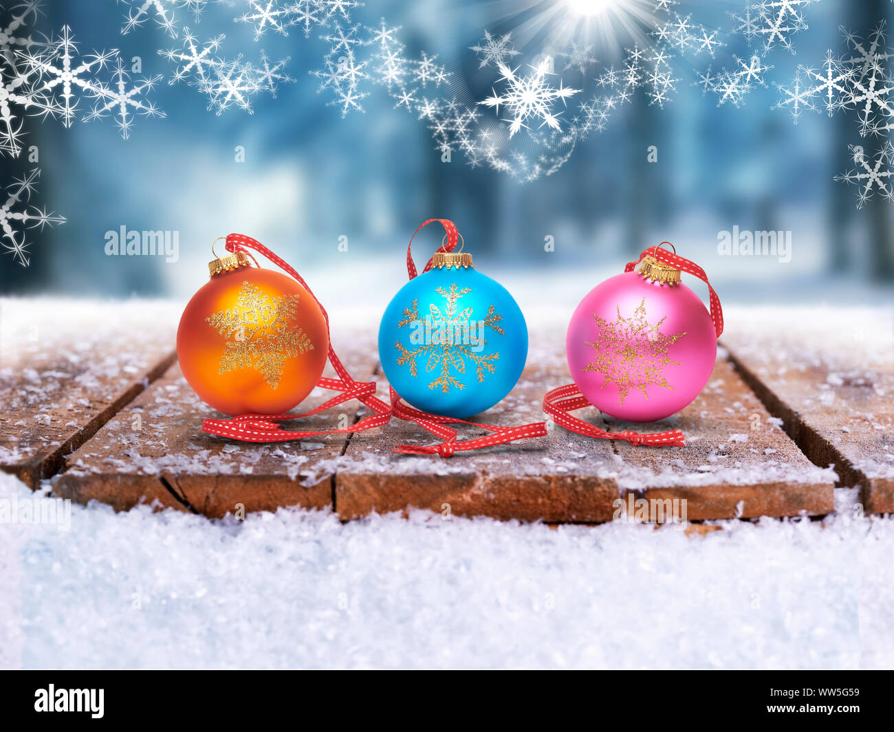 Festive Christmas Bauble Decorations On A Wooden Table In A