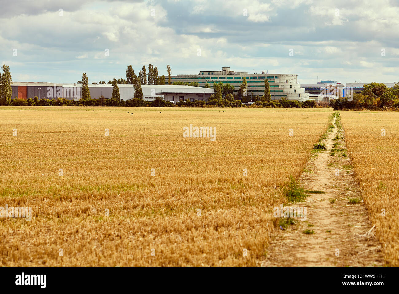 London, U.K. - Sept 1, 2019: A field at Harmondsworth looking towards the Hyatt Place hotel. Plans for a third runway at Heathrow would cover the area seen. Stock Photo