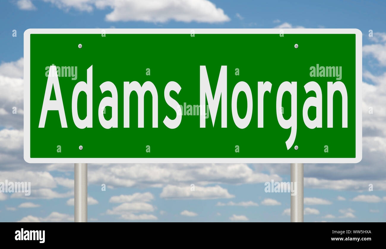 Rendering of a green road sign for Adams Morgan in Washington DC Stock Photo