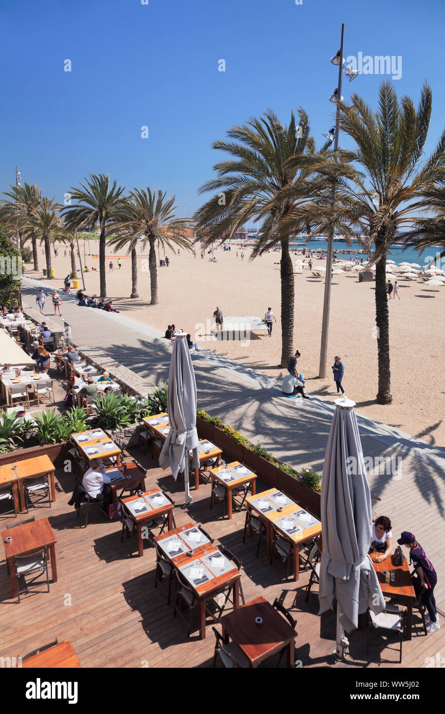 Restaurant at the Barceloneta beach, Port Olimpic, Barcelona, Catalonia, Spain Stock Photo