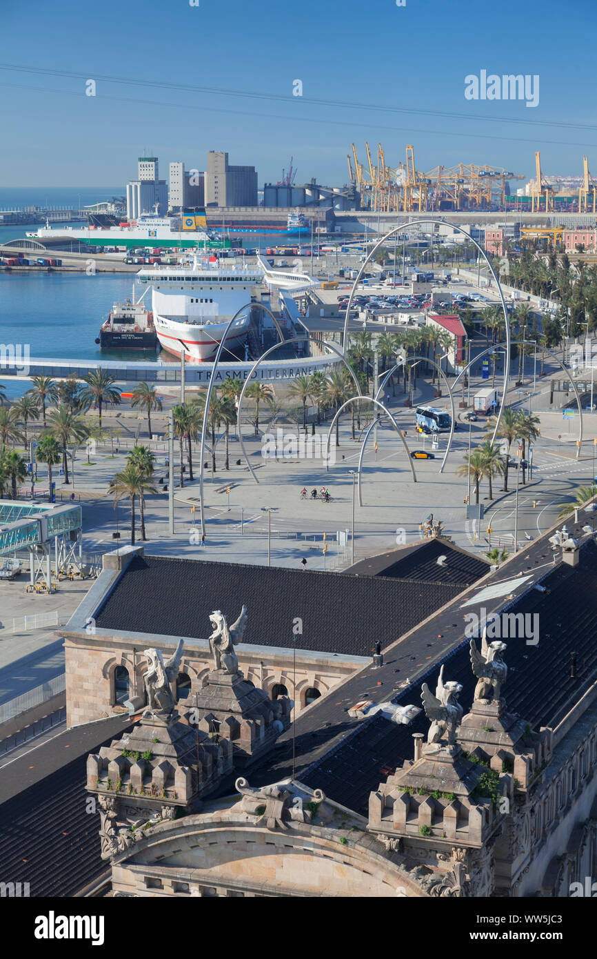View above the harbour to the Placa del Carbo with the sculpture Onades (waves) by the artist Andreu Alfaro, Barcelona, Catalonia, Spain Stock Photo