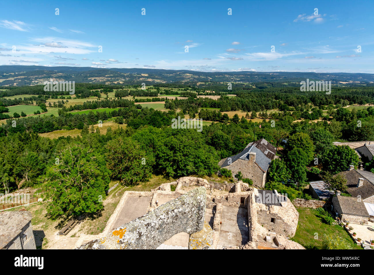 View on the Monts de la Margeride from the tower of castle d'Apcher, Prunieres, Lozere, Occitanie, France Stock Photo