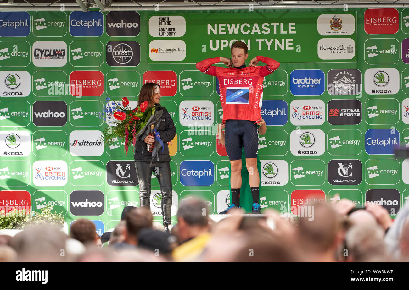 NEWCASTLE UPON TYNE, ENGLAND, UK - SEPTEMBER 09, 2019: Rory Townsend (Canyon dhb p/b Bloor Homes) on the podium receiving the award for the EISBERG SP Stock Photo