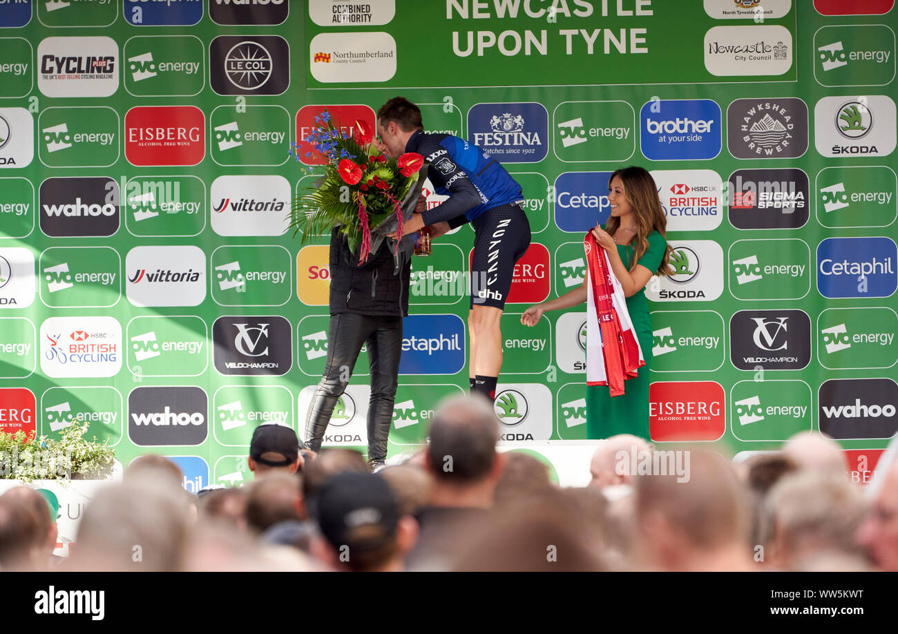 NEWCASTLE UPON TYNE, ENGLAND, UK - SEPTEMBER 09, 2019: Rory Townsend (Canyon dhb p/b Bloor Homes) on the podium receiving the award for the EISBERG SP Stock Photo