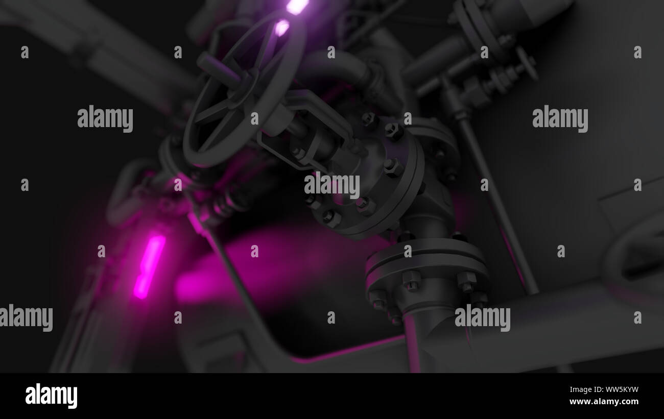 Abstract Industrial Equipment with Neon Lights. Ultraviolet light. 3D